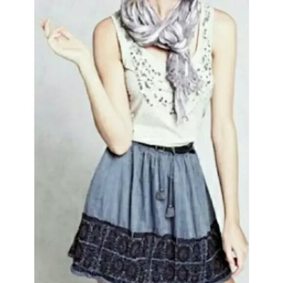 J CREW Zafrina Embroidered Chambray Skirt Cotton Elastic waist Tassels M Boho - Picture 3 of 11